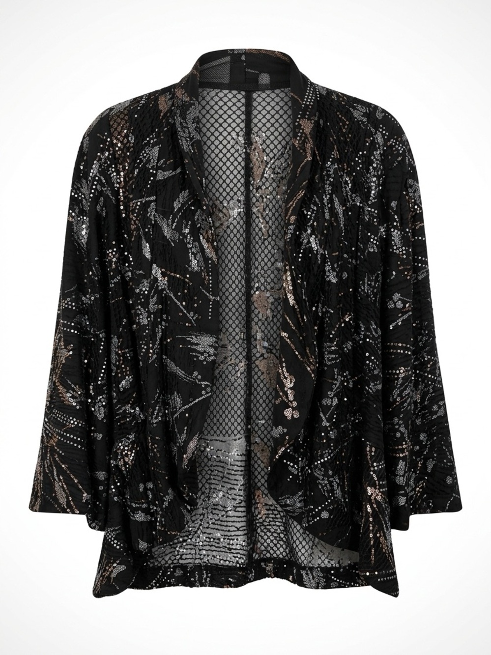 Black Sequin Open-Front Kimono Robe with Metallic Accents